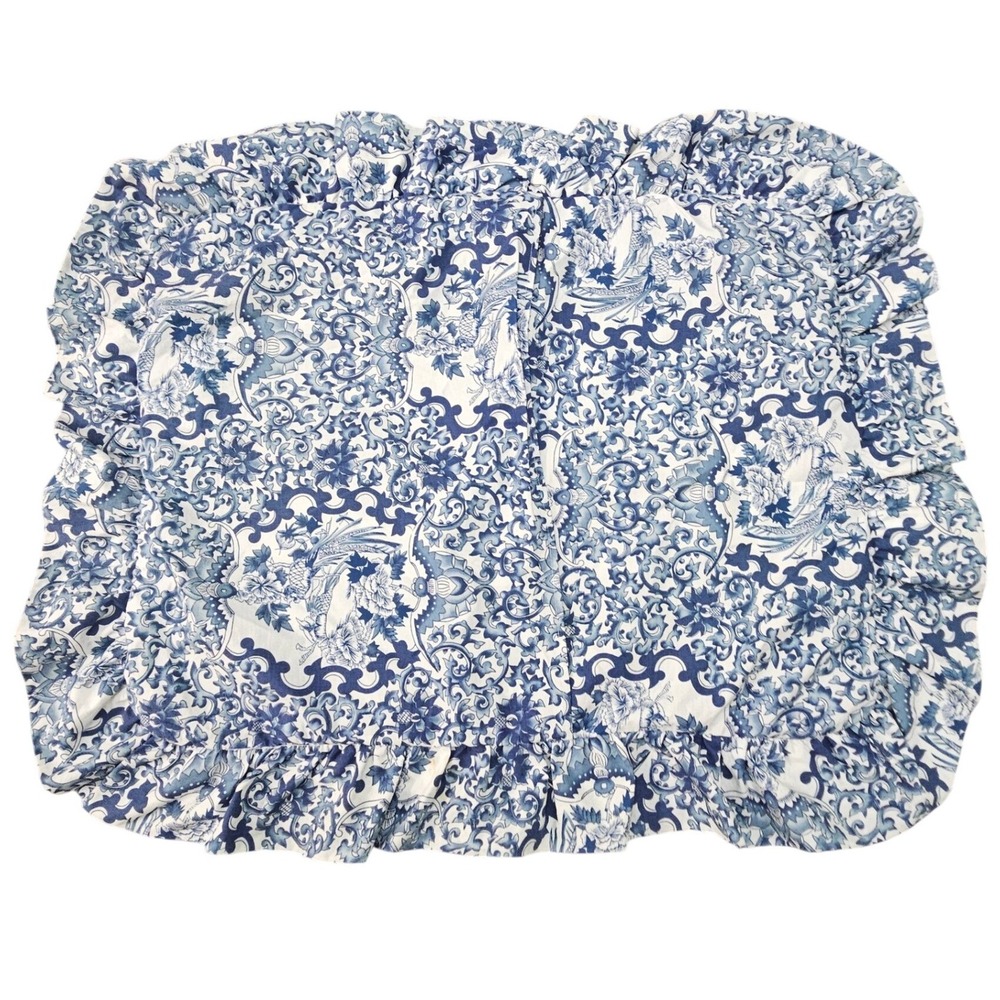 Ralph Lauren Tamarind Bird Blue White Toile Ruffled Pillow Sham Set Chinoiserie